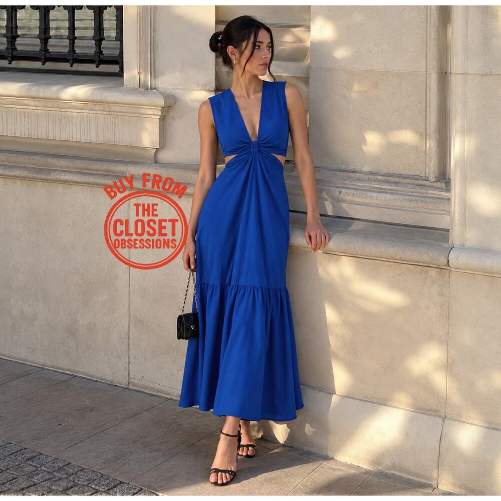 Mango NWT Royal Blue Cotton Twist Front Maxi Dress 4 6 8 10 - Picture 6 of 16